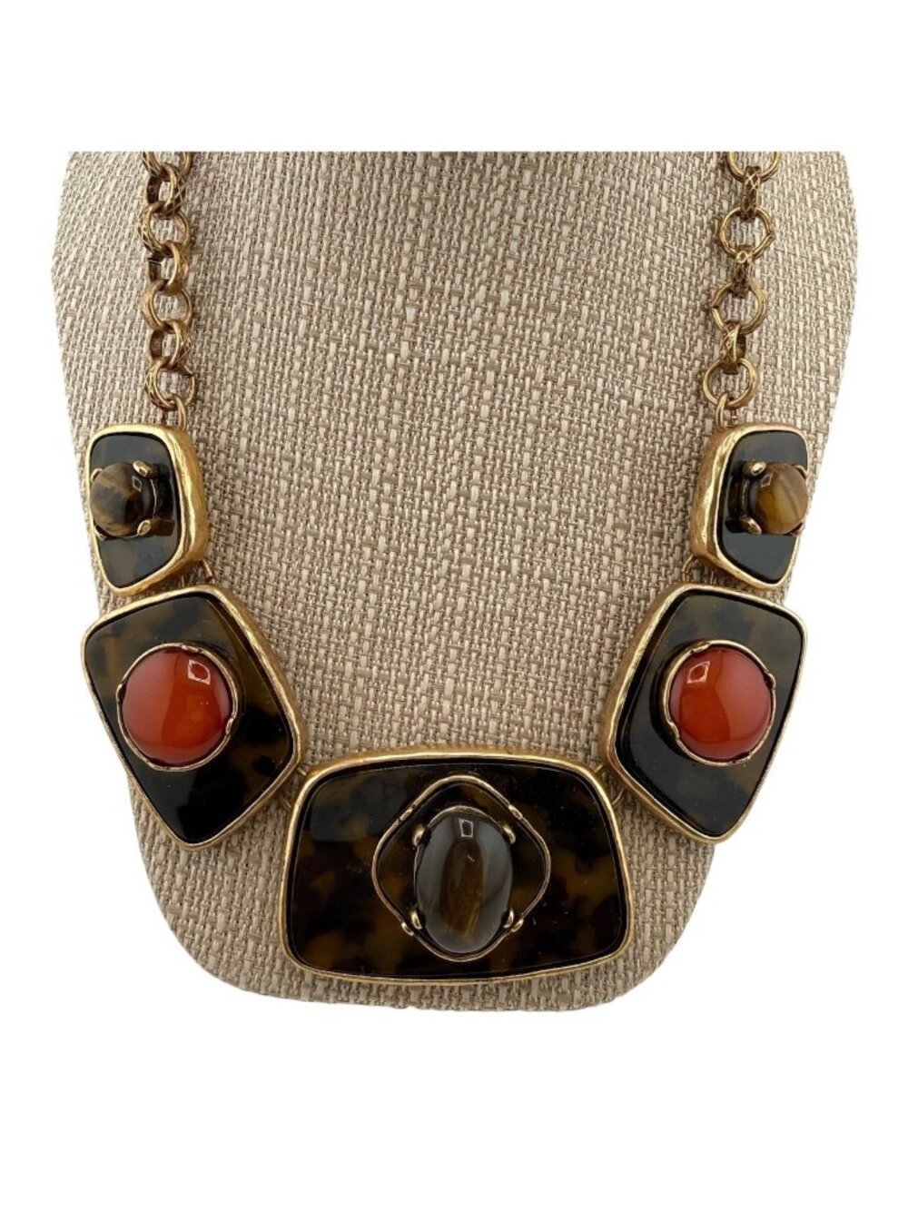 Vtg Chico's Statement Necklace Chunky Gold Tone Cabochans Faux Tigers Eye Jasper